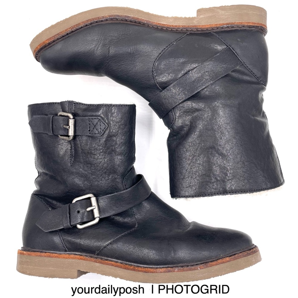 Madewell black leather Casey shearling lined moto engineer boots US women’s 7.5